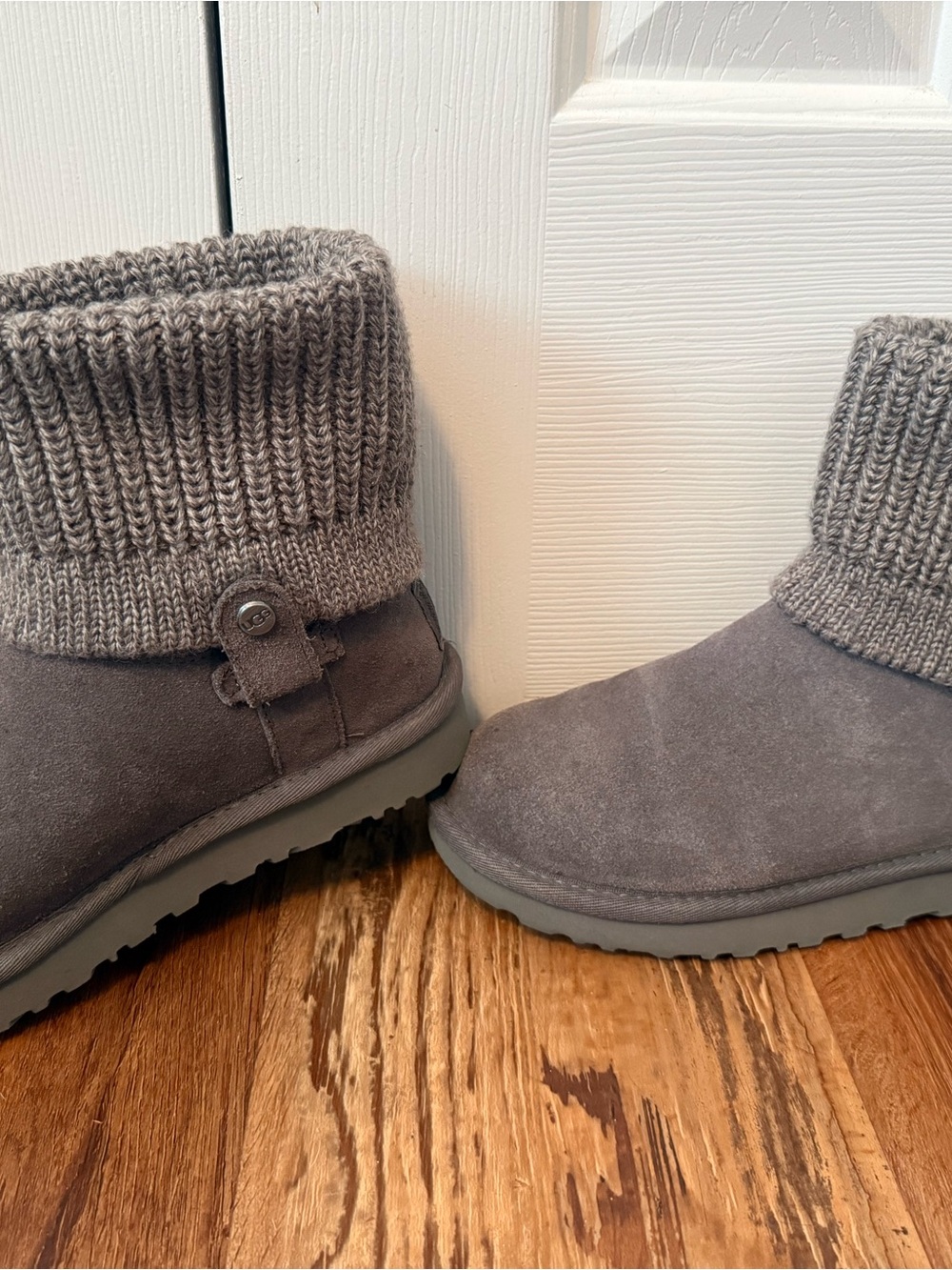 UGG Gray Knit-Cuff Suede Ankle Booties